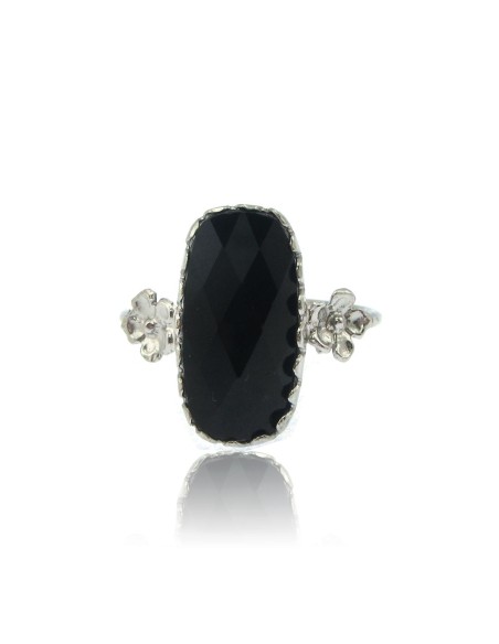 MRio Classic Anillo Ajustable Plata Piedra Negra