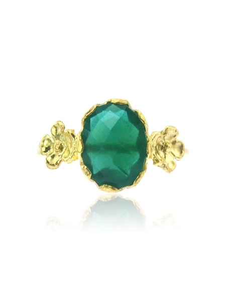MRIO Classic Anillo Ajustable Chapado en Oro Plata Piedra Verde y Flores