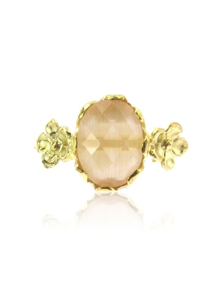 MRIO Classic Anillo Ajustable Plata Oro Beige Piedra y Flores