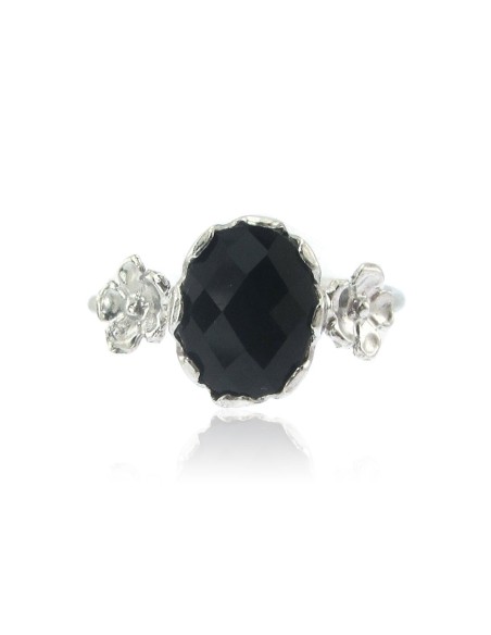 MRIO Anillo Clásico Ajustable de Plata con Piedra Negra y Flores