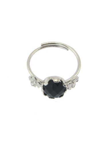 MRIO Anillo Clásico Ajustable de Plata con Piedra Negra y Flores