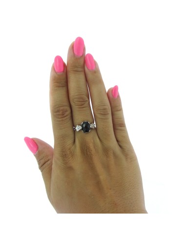 MRIO Anillo Clásico Ajustable de Plata con Piedra Negra y Flores