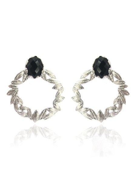 MRIO Pendientes Clásicos Corona de Plata Piedra Negra