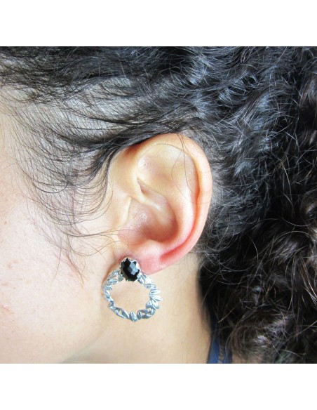 MRIO Pendientes Clásicos Corona de Plata Piedra Negra