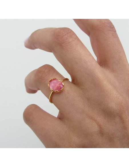 MRIO Classic Anillo Ajustable Plata Oro Piedra Rosa