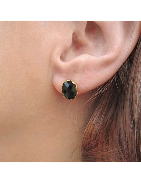 MRIO Pendientes Clásicos Plata Dorada Piedra Negra
