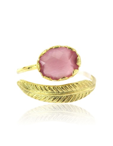 MRio Classic Anillo Ajustable Plata Dorada Piedra Rosa y Hoja