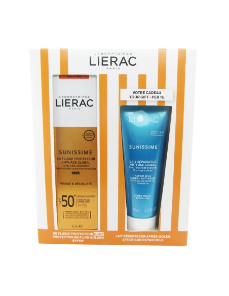 Lierac Sunissime Pack fluido protector dorado antiedad SPF 50 40ml Leche reparadora global antiedad 75ml